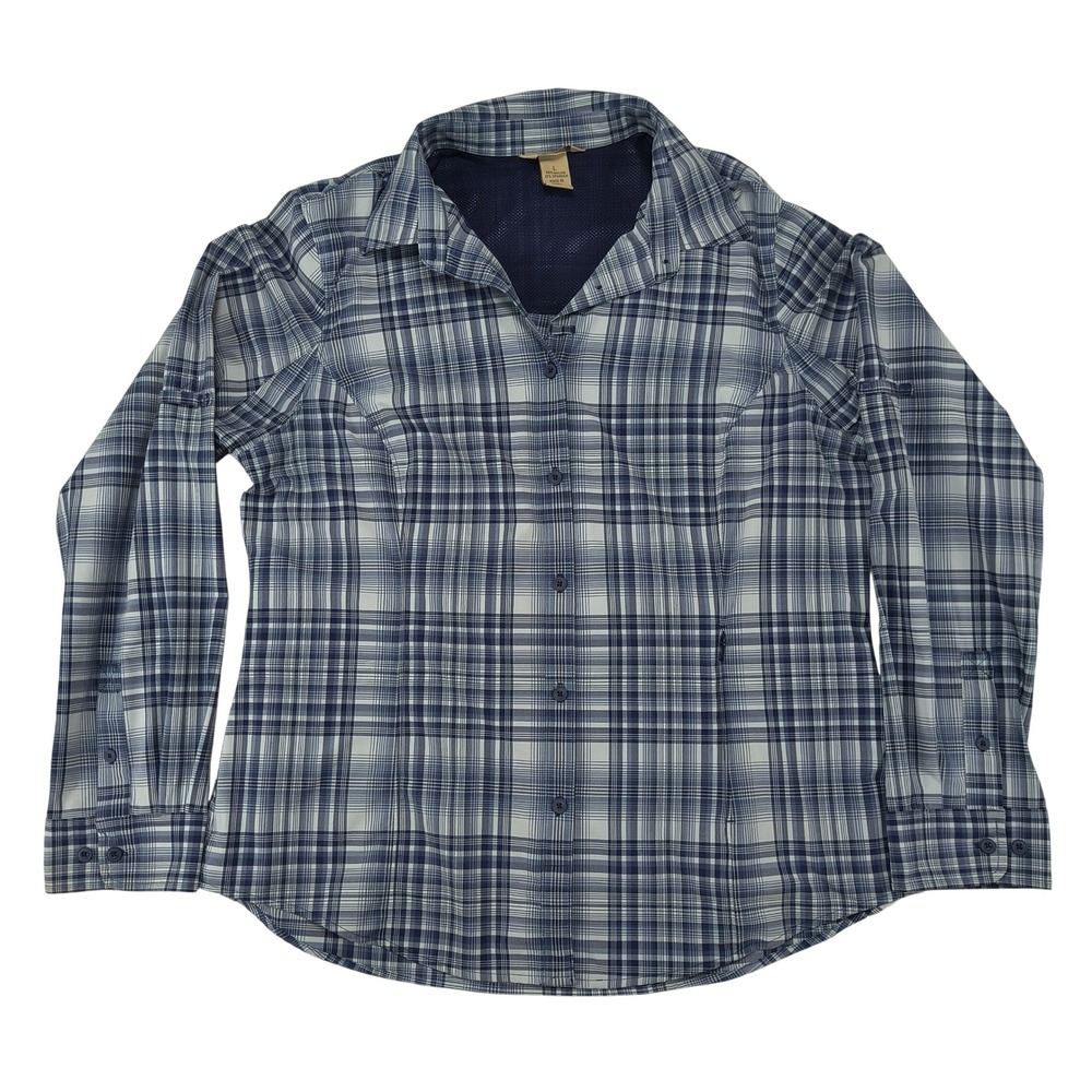 Duluth Trading Co Womens Large Blue Plaid Roll Tab Sleeve Hiking Button Up Shirt